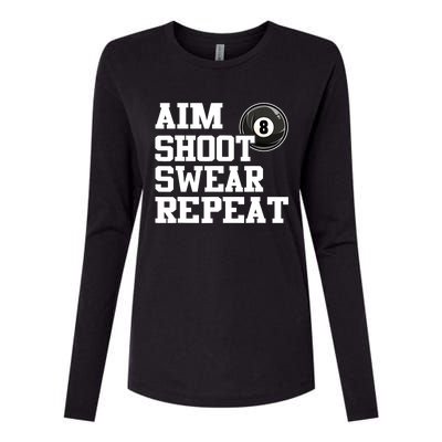 Funny Aim Shoot Swear Repeat 8 Ball Pool Billiards Player Gift Womens Cotton Relaxed Long Sleeve T-Shirt