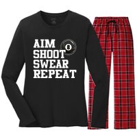 Funny Aim Shoot Swear Repeat 8 Ball Pool Billiards Player Gift Women's Long Sleeve Flannel Pajama Set 