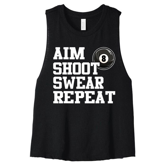 Funny Aim Shoot Swear Repeat 8 Ball Pool Billiards Player Gift Women's Racerback Cropped Tank