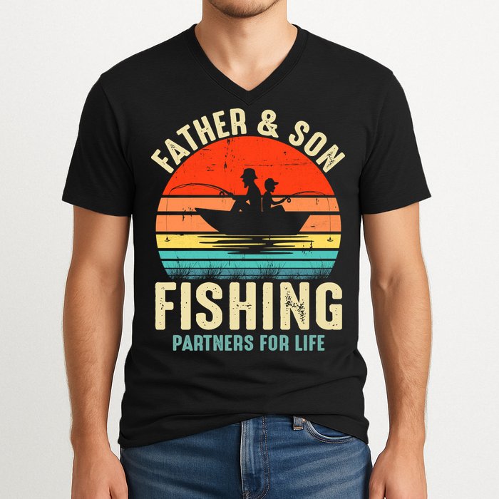 Father And Son Fishing Partner For Life Retro Matching Dad V-Neck T-Shirt