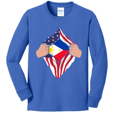 Filipino American Superhero Usa Philippines Man Chest Flag Gift Kids Long Sleeve Shirt