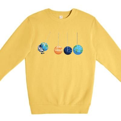 Funny Astronaut Swing Planets Space Newtons Cradle Pendulum Premium Crewneck Sweatshirt