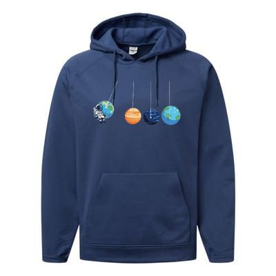 Funny Astronaut Swing Planets Space Newtons Cradle Pendulum Performance Fleece Hoodie