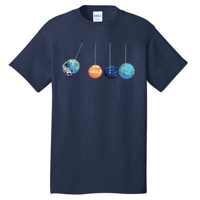 Funny Astronaut Swing Planets Space Newtons Cradle Pendulum Tall T-Shirt