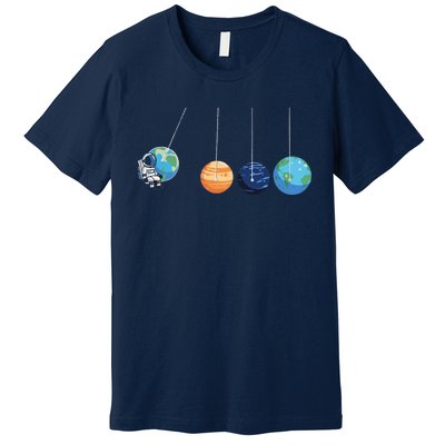 Funny Astronaut Swing Planets Space Newtons Cradle Pendulum Premium T-Shirt