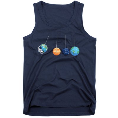 Funny Astronaut Swing Planets Space Newtons Cradle Pendulum Tank Top