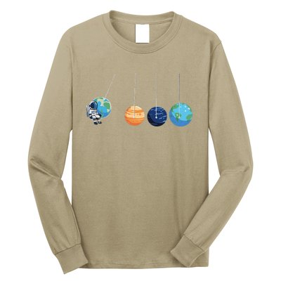 Funny Astronaut Swing Planets Space Newtons Cradle Pendulum Long Sleeve Shirt