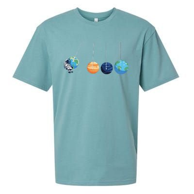 Funny Astronaut Swing Planets Space Newtons Cradle Pendulum Sueded Cloud Jersey T-Shirt