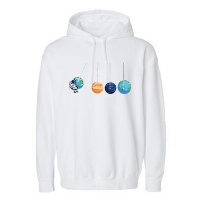 Funny Astronaut Swing Planets Space Newtons Cradle Pendulum Garment-Dyed Fleece Hoodie