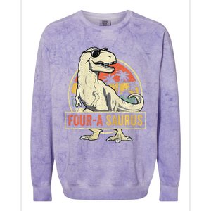 Four A Saurus Birthday T Rex 4 Year Old Dino 4th Dinosaur Colorblast Crewneck Sweatshirt