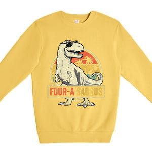 Four A Saurus Birthday T Rex 4 Year Old Dino 4th Dinosaur Premium Crewneck Sweatshirt