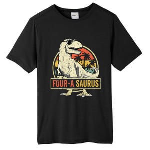 Four A Saurus Birthday T Rex 4 Year Old Dino 4th Dinosaur Tall Fusion ChromaSoft Performance T-Shirt