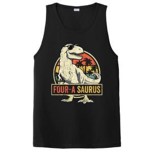 Four A Saurus Birthday T Rex 4 Year Old Dino 4th Dinosaur PosiCharge Competitor Tank