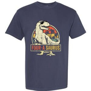 Four A Saurus Birthday T Rex 4 Year Old Dino 4th Dinosaur Garment-Dyed Heavyweight T-Shirt