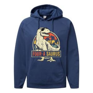 Four A Saurus Birthday T Rex 4 Year Old Dino 4th Dinosaur Performance Fleece Hoodie