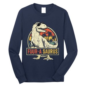 Four A Saurus Birthday T Rex 4 Year Old Dino 4th Dinosaur Long Sleeve Shirt