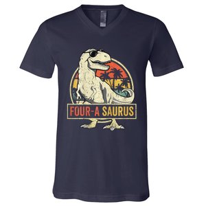 Four A Saurus Birthday T Rex 4 Year Old Dino 4th Dinosaur V-Neck T-Shirt