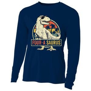 Four A Saurus Birthday T Rex 4 Year Old Dino 4th Dinosaur Cooling Performance Long Sleeve Crew