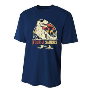 Four A Saurus Birthday T Rex 4 Year Old Dino 4th Dinosaur Youth Performance Sprint T-Shirt