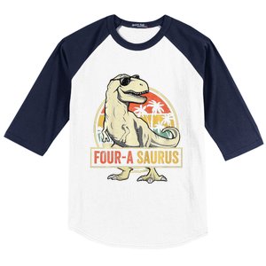 Four A Saurus Birthday T Rex 4 Year Old Dino 4th Dinosaur Baseball Sleeve Shirt