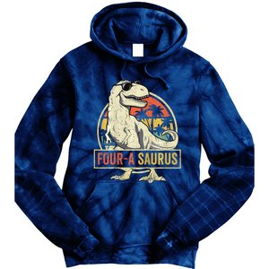 Four A Saurus Birthday T Rex 4 Year Old Dino 4th Dinosaur Tie Dye Hoodie