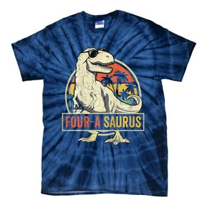 Four A Saurus Birthday T Rex 4 Year Old Dino 4th Dinosaur Tie-Dye T-Shirt