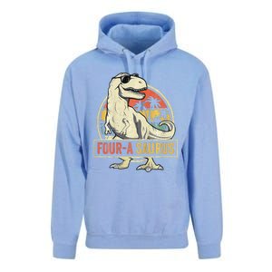 Four A Saurus Birthday T Rex 4 Year Old Dino 4th Dinosaur Unisex Surf Hoodie