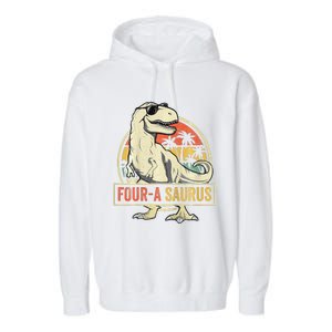 Four A Saurus Birthday T Rex 4 Year Old Dino 4th Dinosaur Garment-Dyed Fleece Hoodie