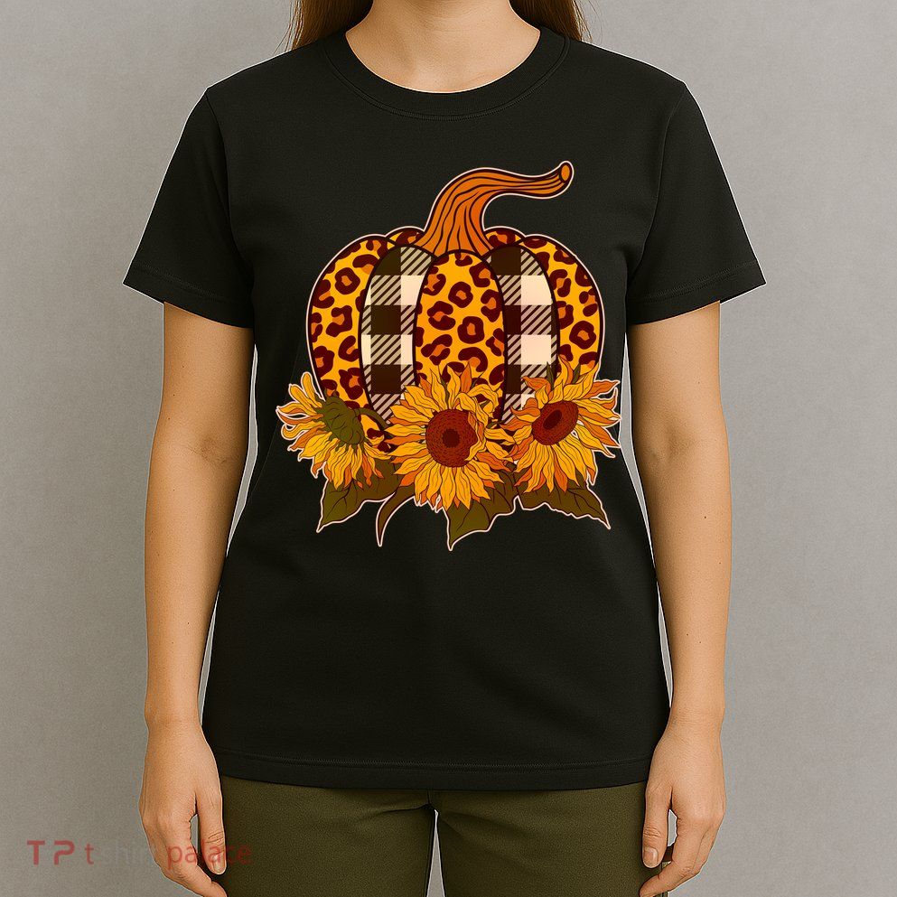 Fashion Autumn Leopard Buffalo Plaid Pumpkin T-Shirt