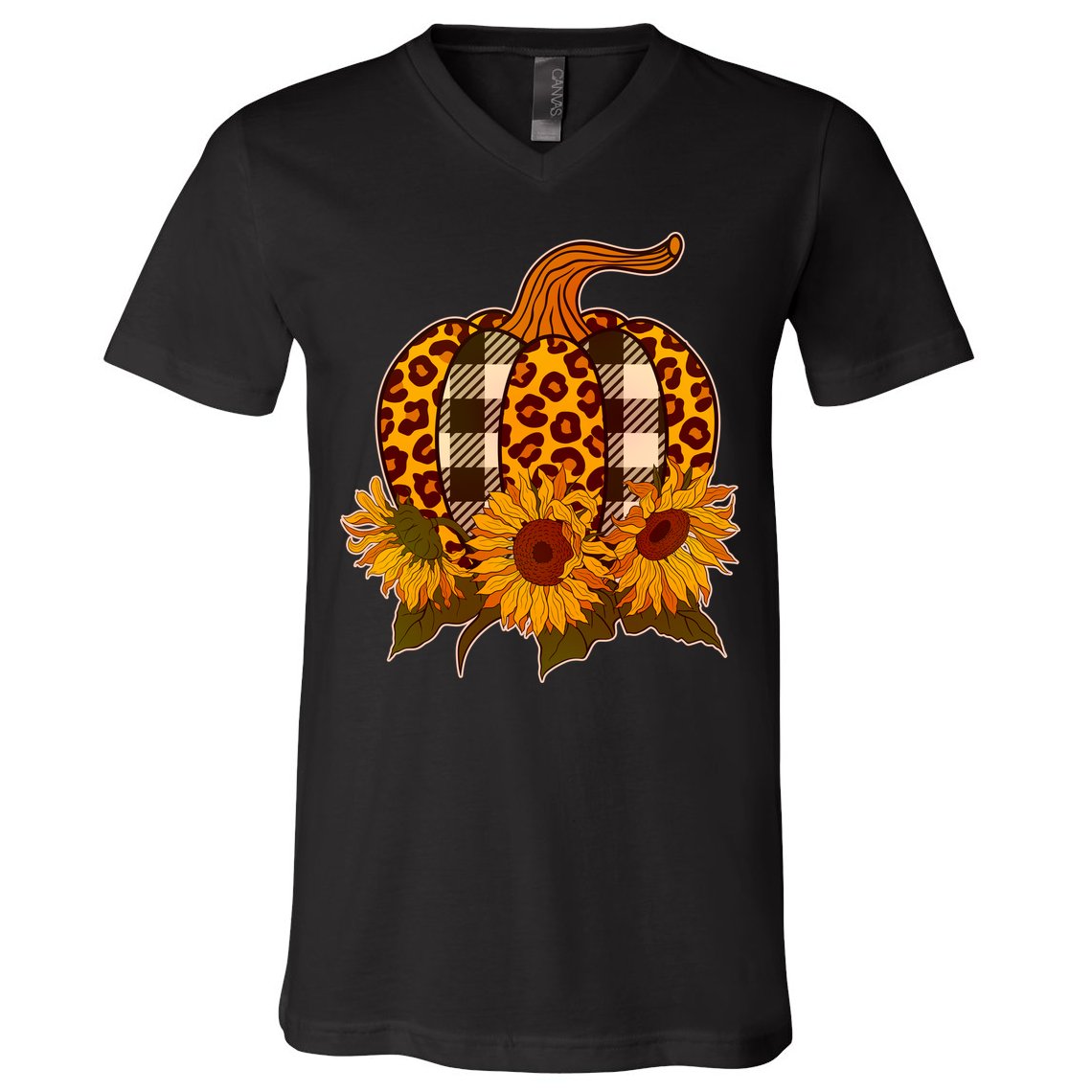 Fashion Autumn Leopard Buffalo Plaid Pumpkin V-Neck T-Shirt