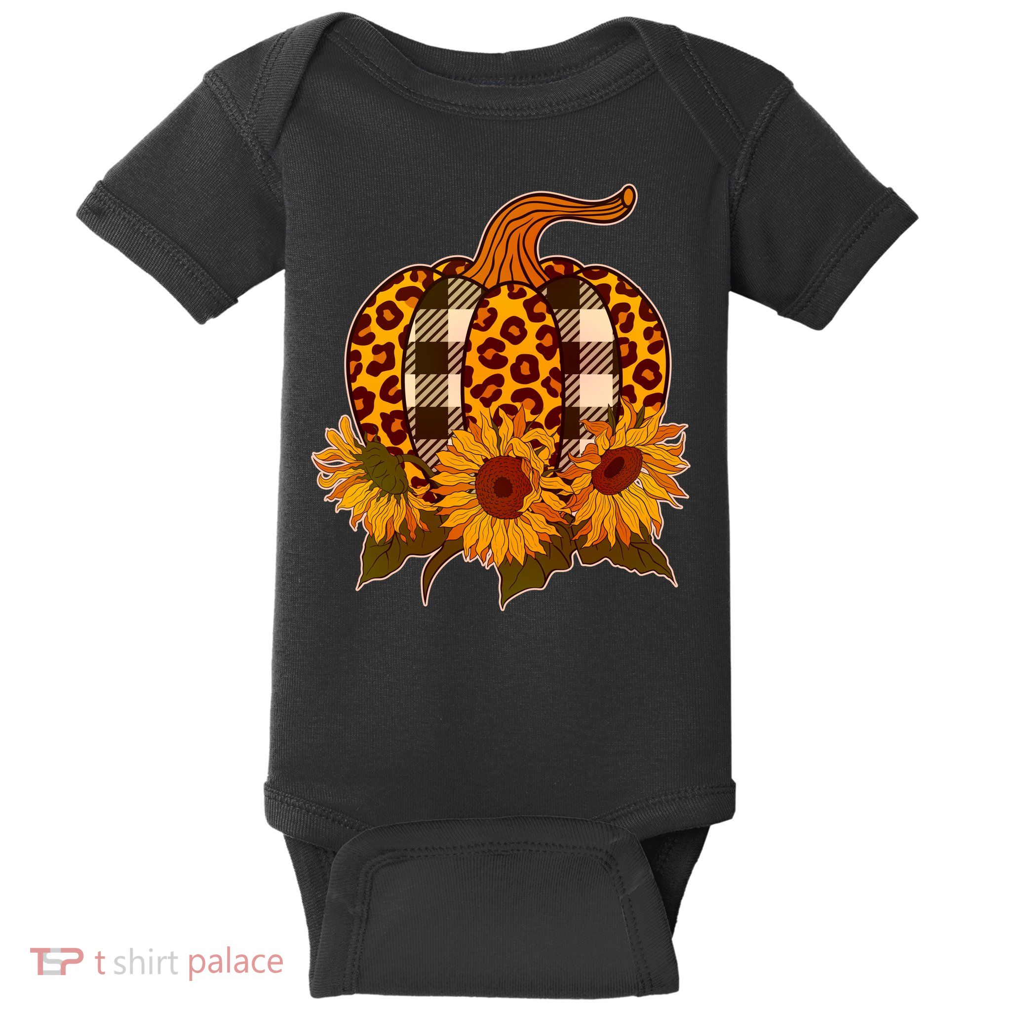 Fashion Autumn Leopard Buffalo Plaid Pumpkin Baby Bodysuit
