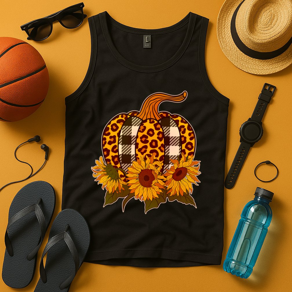 Fashion Autumn Leopard Buffalo Plaid Pumpkin Tank Top