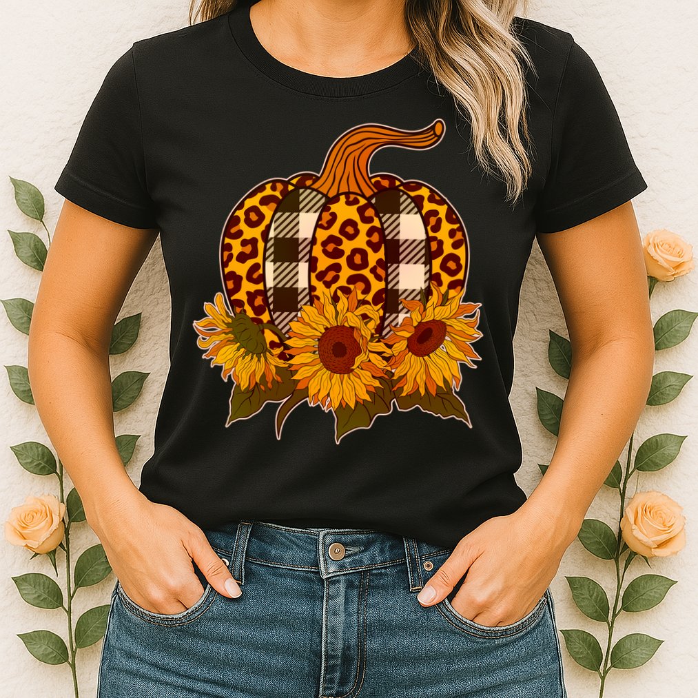 Fashion Autumn Leopard Buffalo Plaid Pumpkin Womens T-Shirt