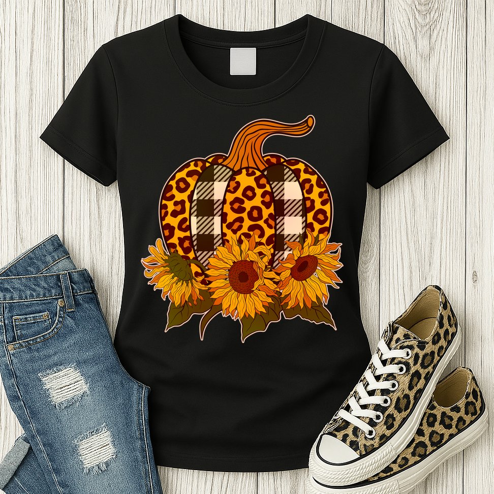 Fashion Autumn Leopard Buffalo Plaid Pumpkin Womens T-Shirt