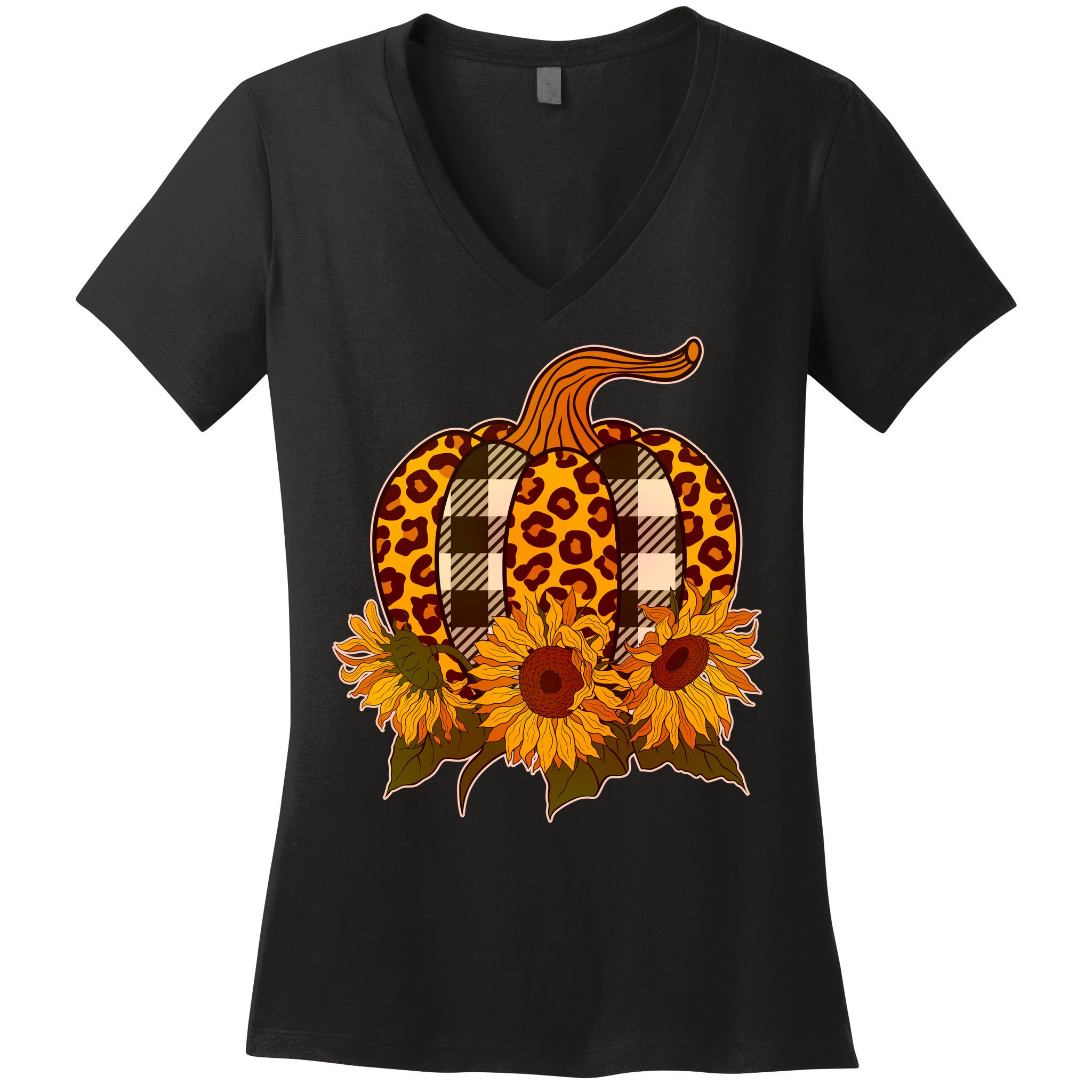 Fashion Autumn Leopard Buffalo Plaid Pumpkin Women's V-Neck T-Shirt