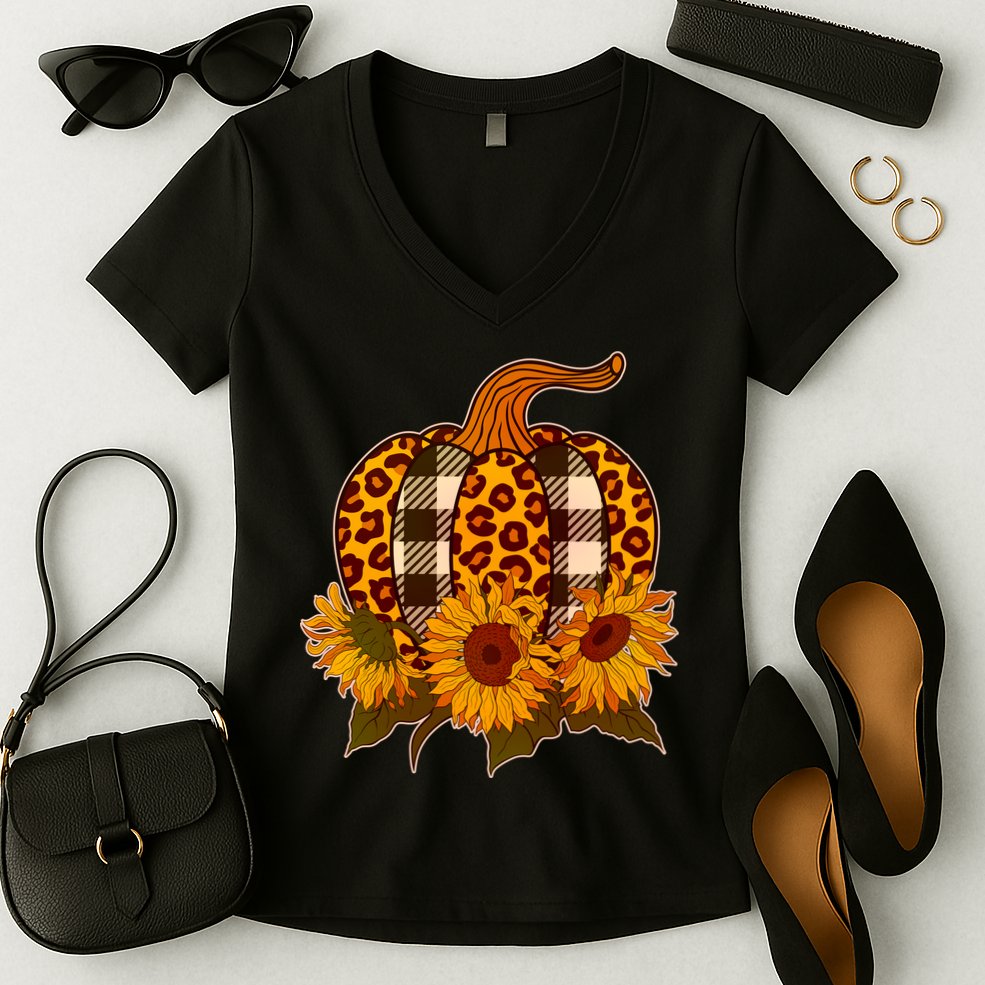 Fashion Autumn Leopard Buffalo Plaid Pumpkin Women's V-Neck T-Shirt