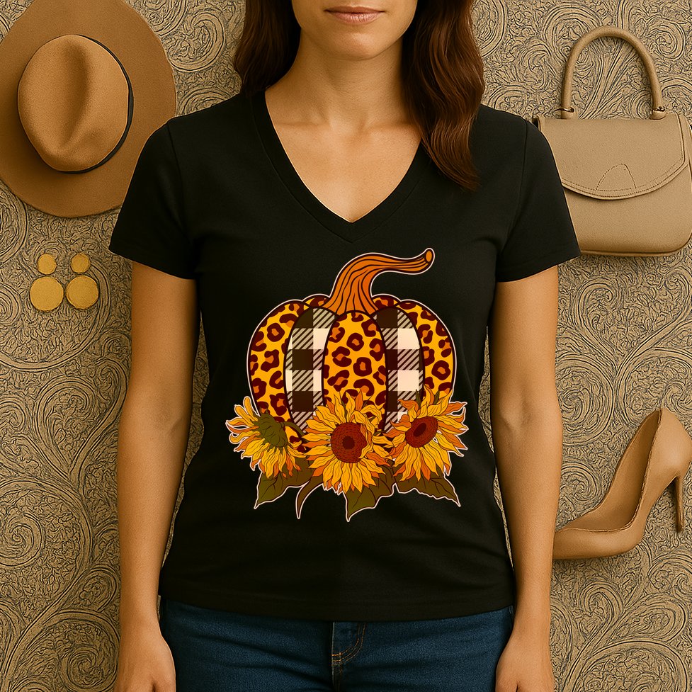 Fashion Autumn Leopard Buffalo Plaid Pumpkin Women's V-Neck T-Shirt