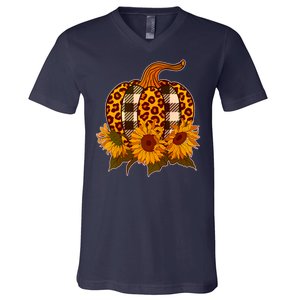 Fashion Autumn Leopard Buffalo Plaid Pumpkin V-Neck T-Shirt