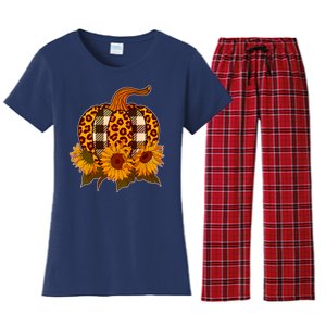 Fashion Autumn Leopard Buffalo Plaid Pumpkin Women's Flannel Pajama Set