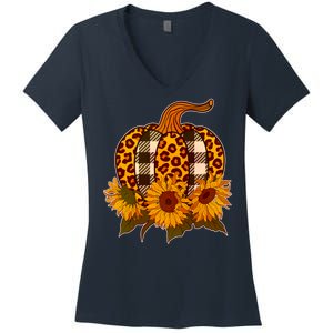 Fashion Autumn Leopard Buffalo Plaid Pumpkin Women's V-Neck T-Shirt