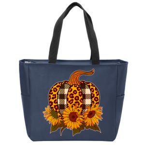 Fashion Autumn Leopard Buffalo Plaid Pumpkin Zip Tote Bag