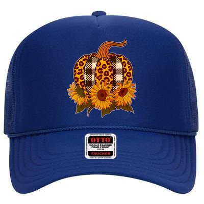 Fashion Autumn Leopard Buffalo Plaid Pumpkin High Crown Mesh Back Trucker Hat