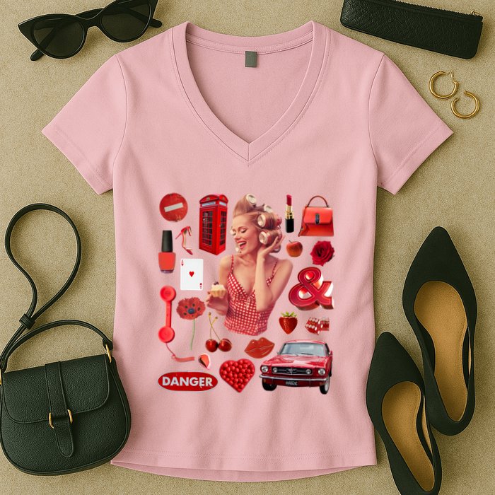 Fashion Red Girl Women's V-Neck T-Shirt