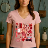 Fashion Red Girl Women's V-Neck T-Shirt