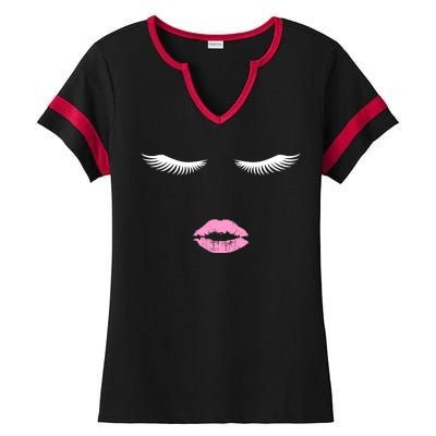 Fashion Style Eyelash Lips Lashes Pink Lipstick Ladies Halftime Notch Neck Tee