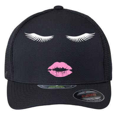 Fashion Style Eyelash Lips Lashes Pink Lipstick Flexfit Unipanel Trucker Cap