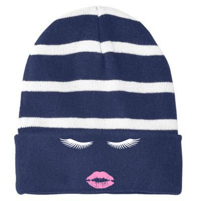 Fashion Style Eyelash Lips Lashes Pink Lipstick Striped Beanie with Solid Band