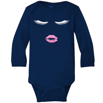 Fashion Style Eyelash Lips Lashes Pink Lipstick Baby Long Sleeve Bodysuit