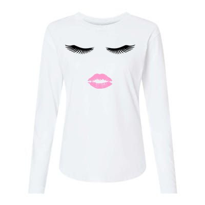 Fashion Style Eyelash Lips Lashes Pink Lipstick Womens Cotton Relaxed Long Sleeve T-Shirt