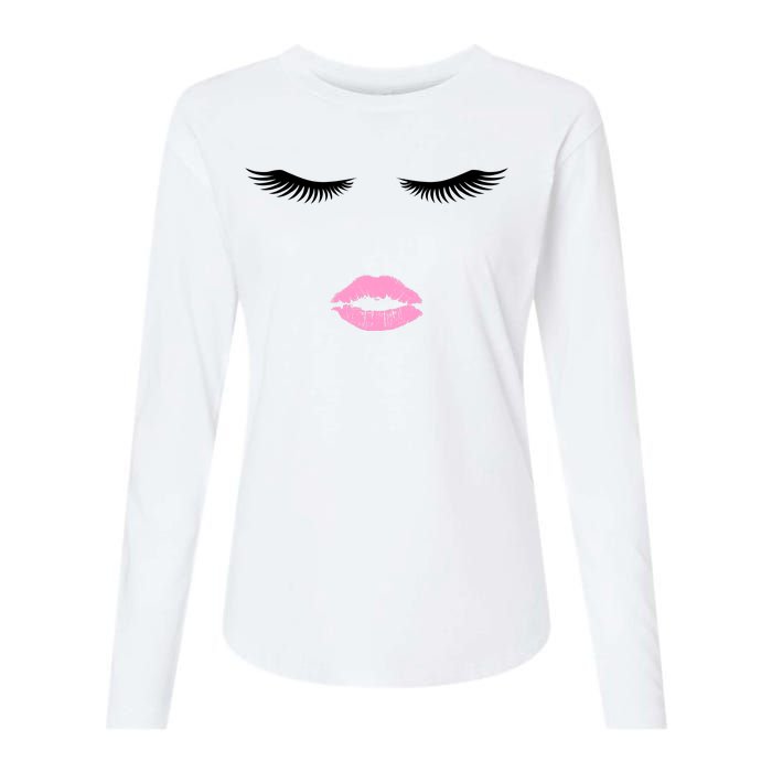 Fashion Style Eyelash Lips Lashes Pink Lipstick Womens Cotton Relaxed Long Sleeve T-Shirt